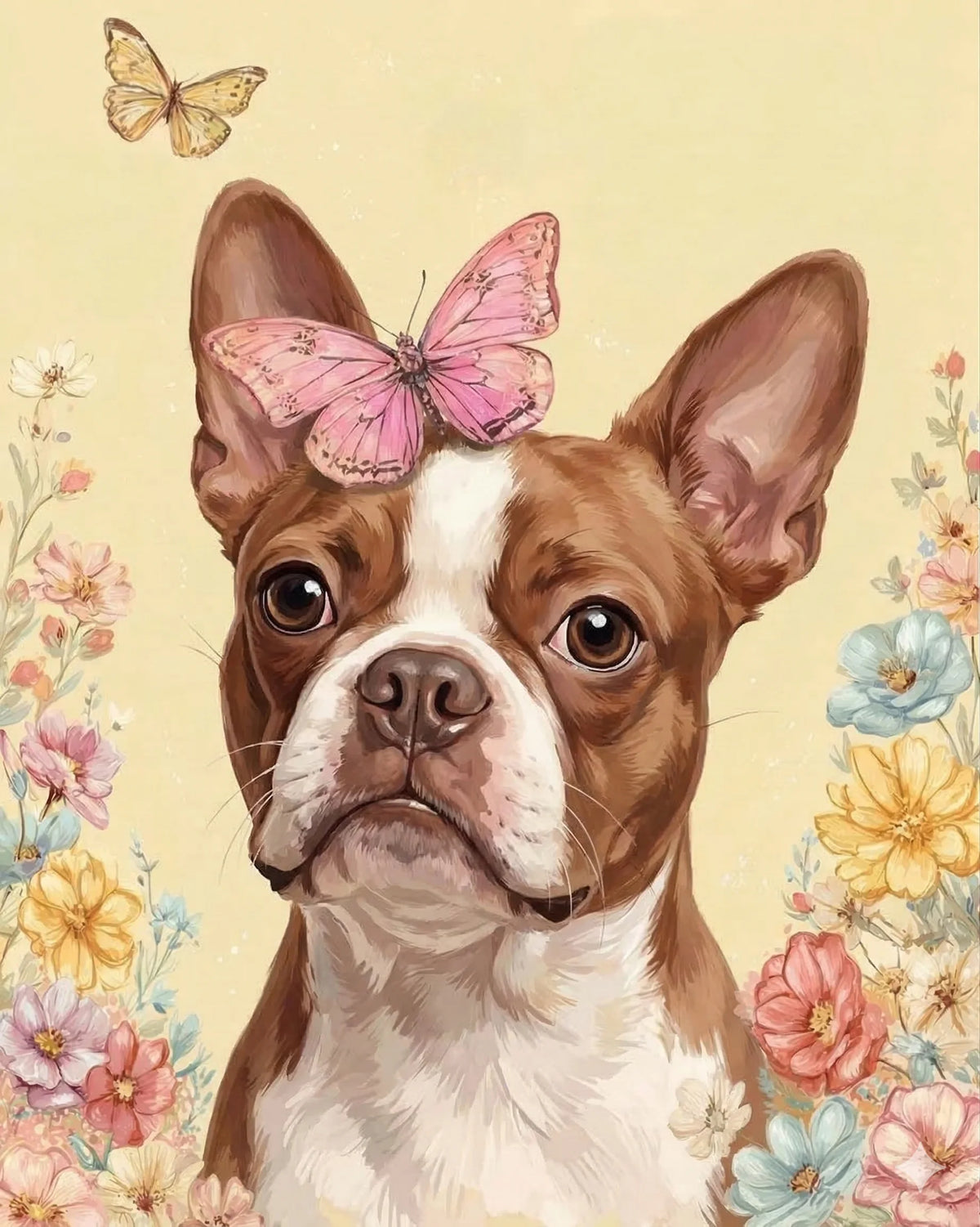 Pink Butterfly Spring Red Boston Terrier Diamond Art Kit