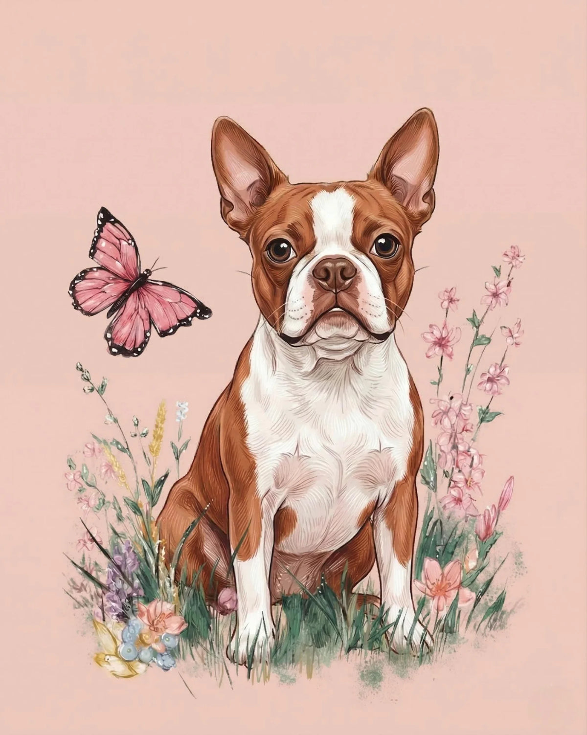 Pink Butterfly Red Boston Terrier Diamond Art Kit