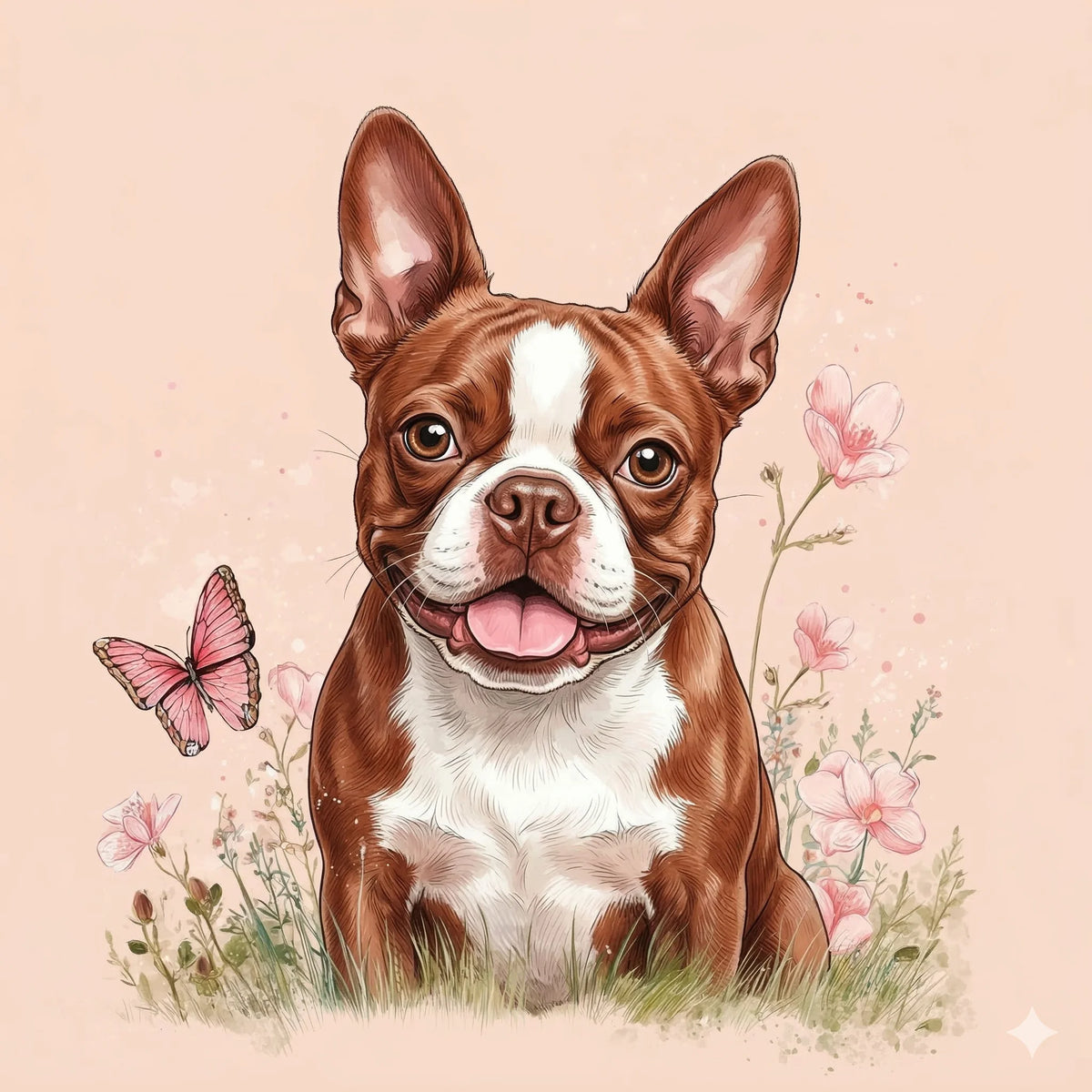 Pink Background Red Boston Terrier And Butterfly Diamond Art Kit