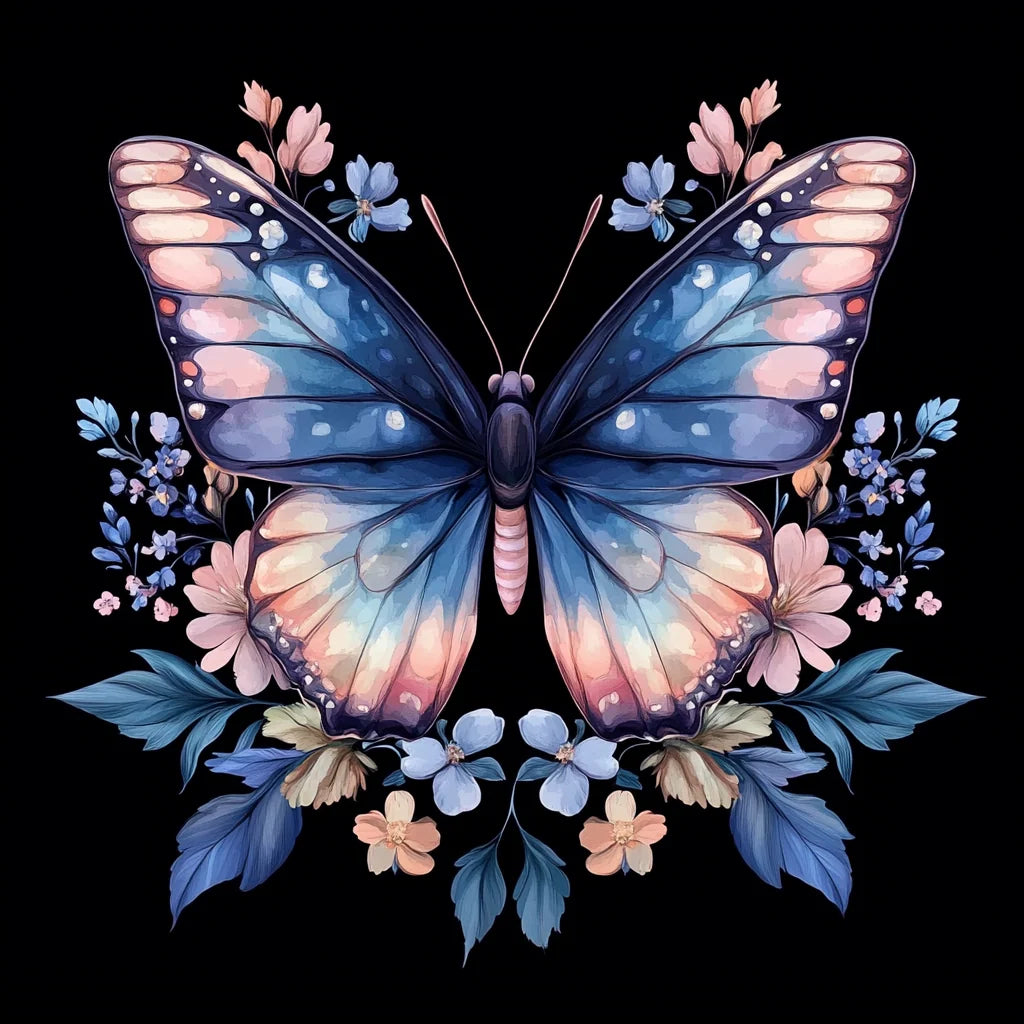 Blue Pink Butterfly And Flowers Diamond Art Kit