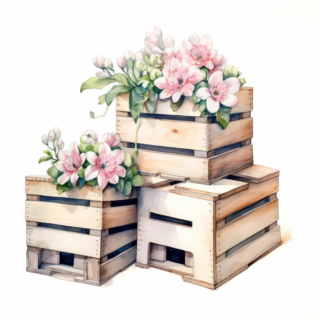 Pink Flower Wood Crates Diamond Art Kit