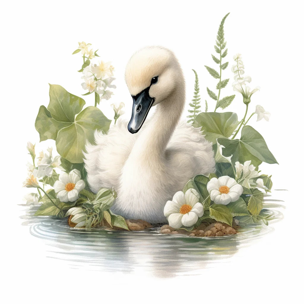 White Flower Baby Swan Diamond Art Kit