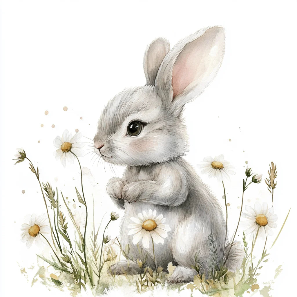 White Daisies Grey Bunny Watercolor Diamond Art Kit