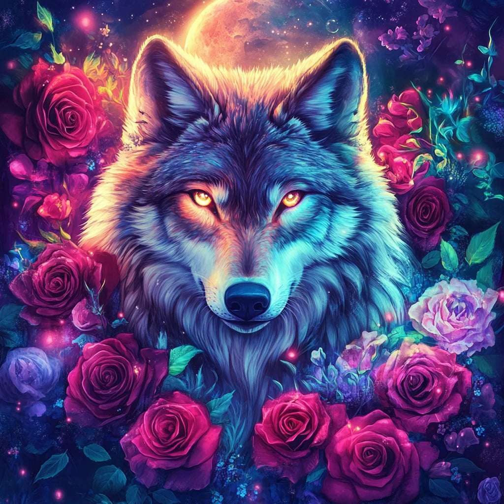 Glowing Eye Wolf and Roses Diamond Art Kit