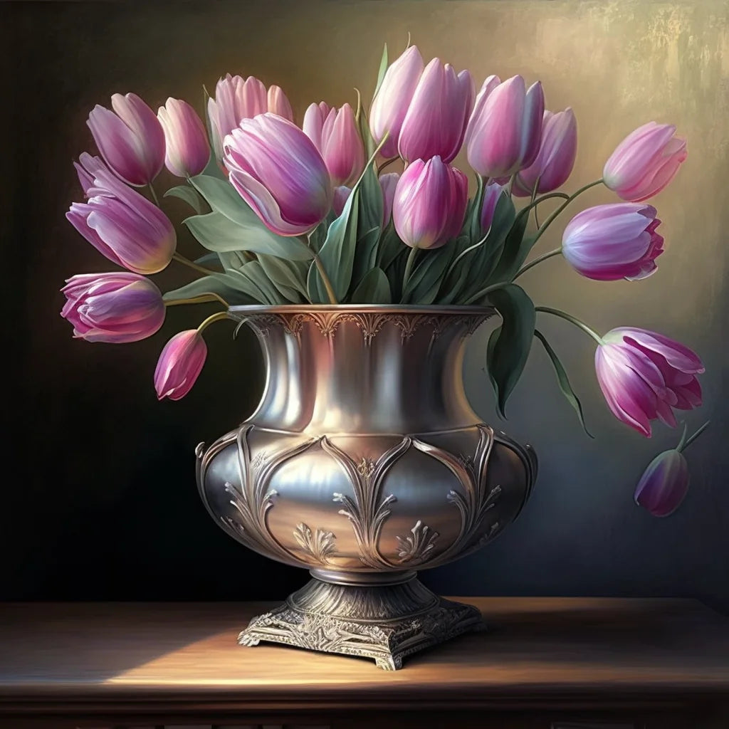 Silver Vase Of Pink Tulips Diamond Art Kit