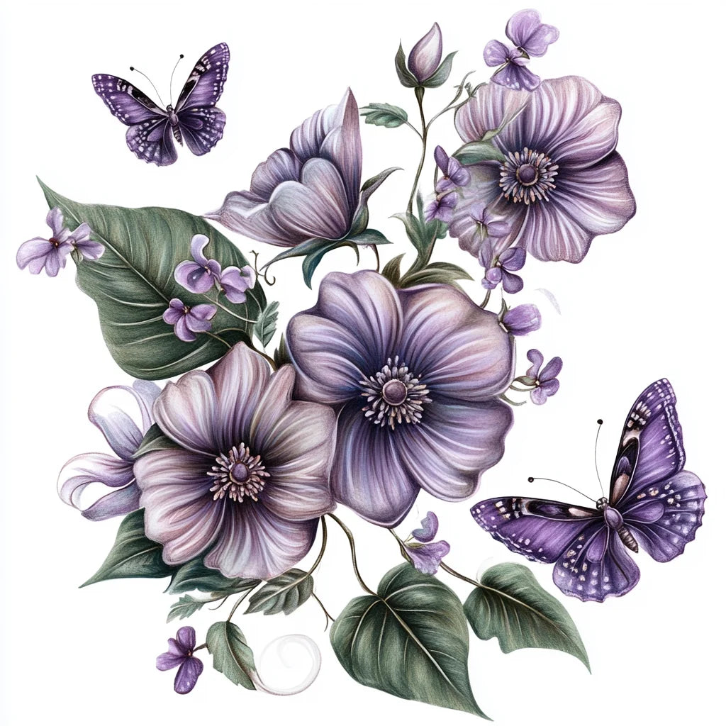 Green Leaves And Purple Flowers Diamond Art Kit