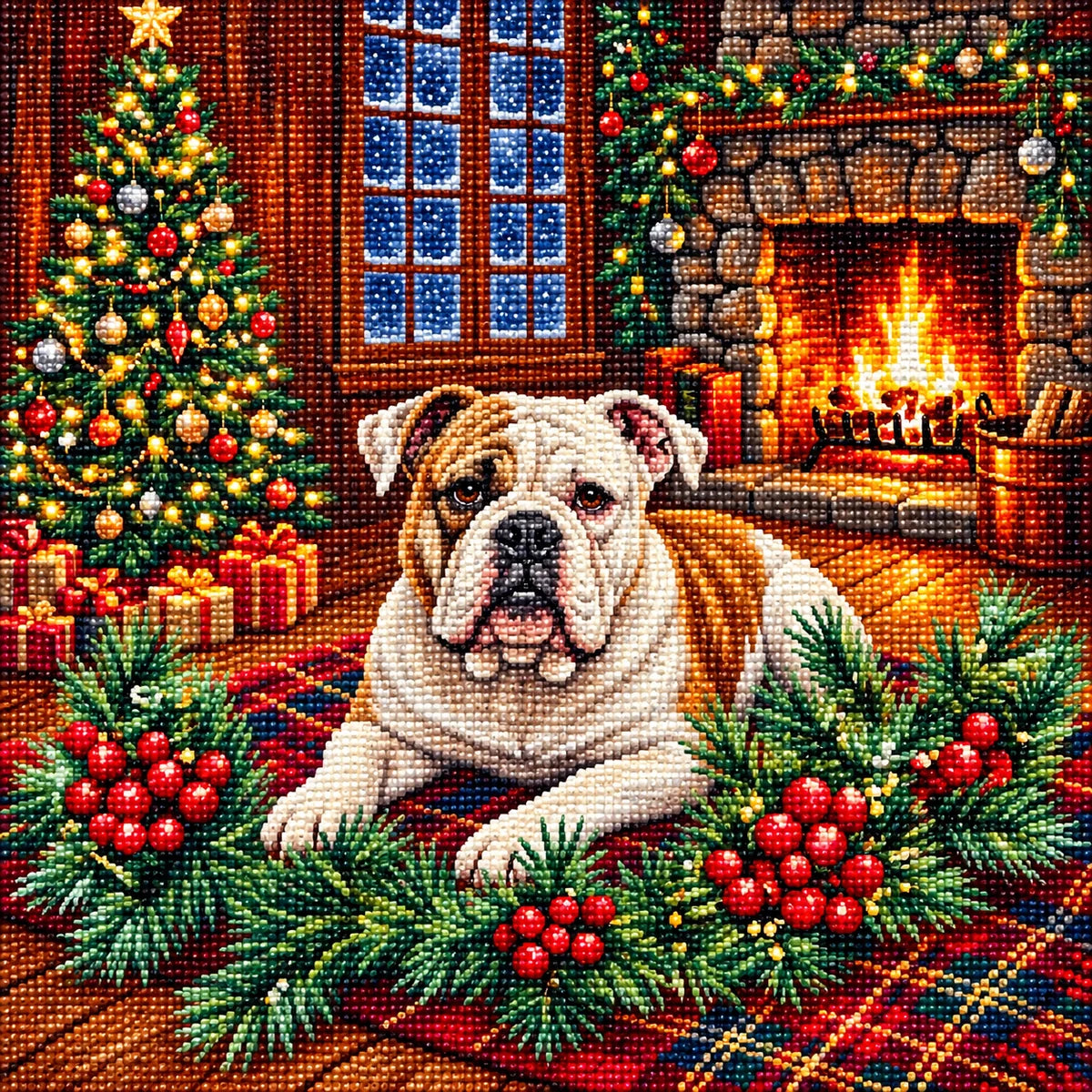 Christmas Holly American Bulldog Diamond Art Kit