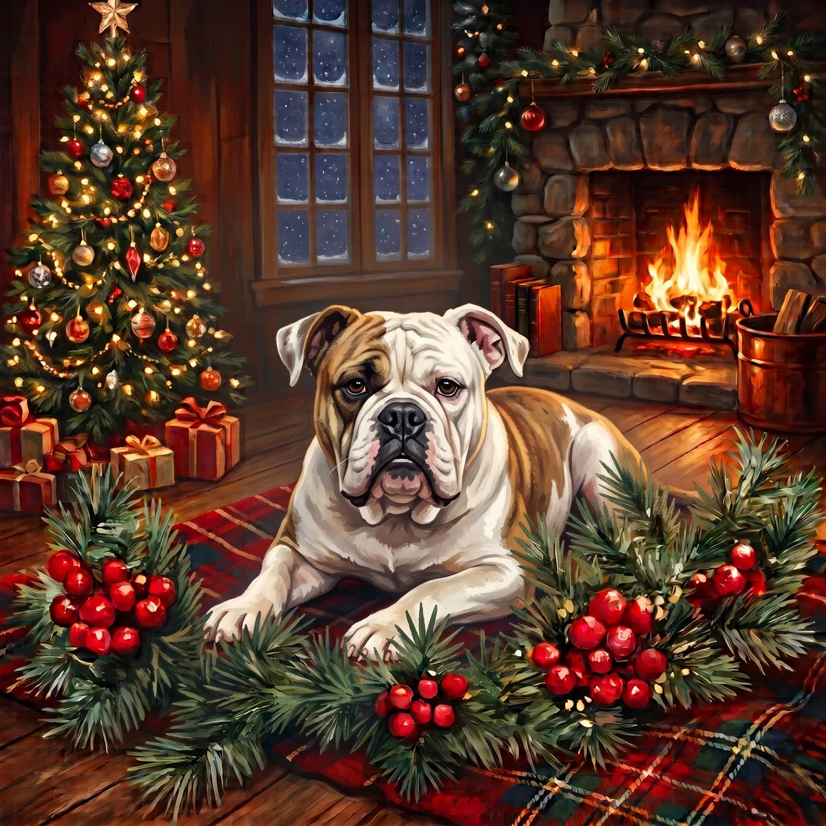 Christmas Holly American Bulldog Diamond Art Kit