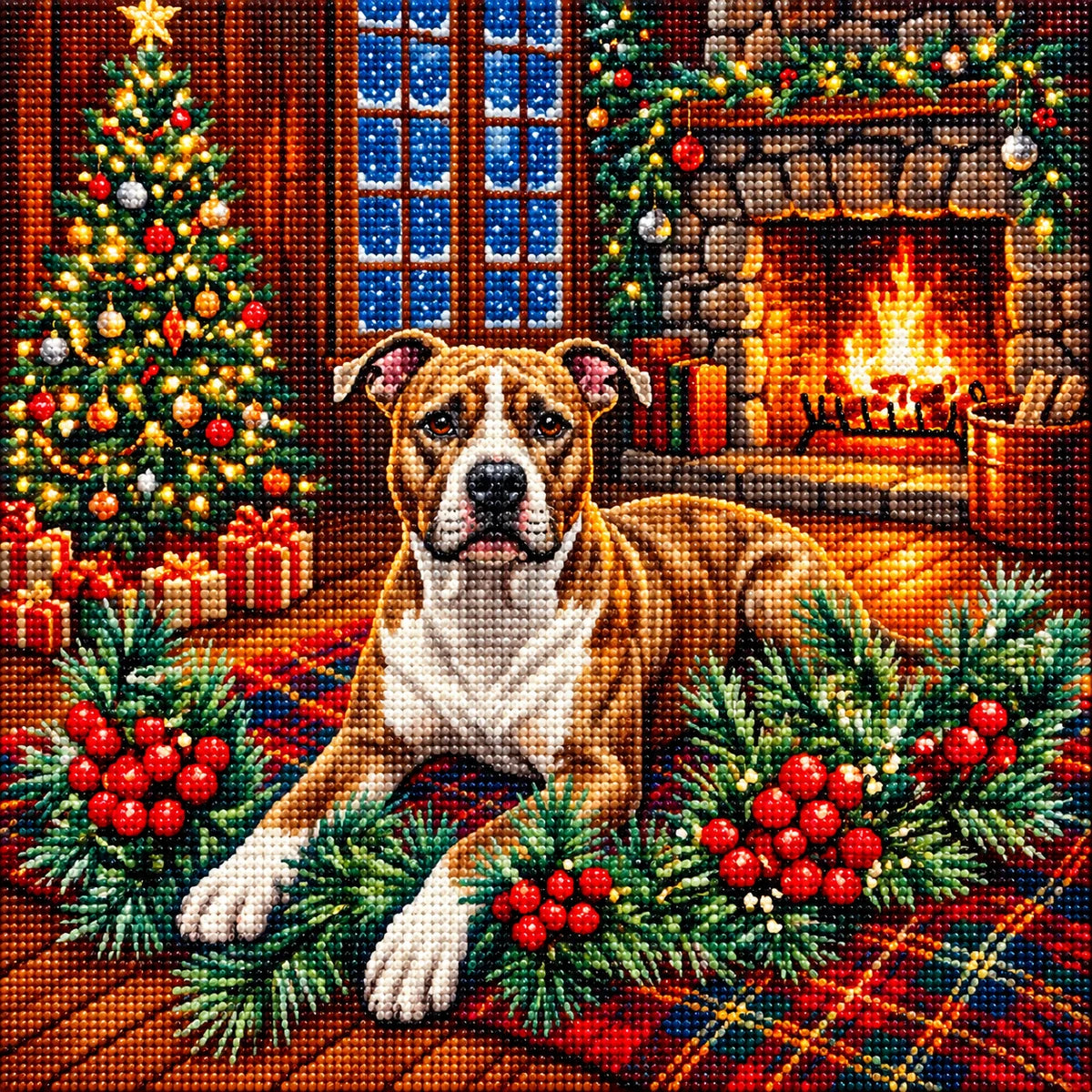 Christmas Holly American Pitbull Terrier Diamond Art Kit