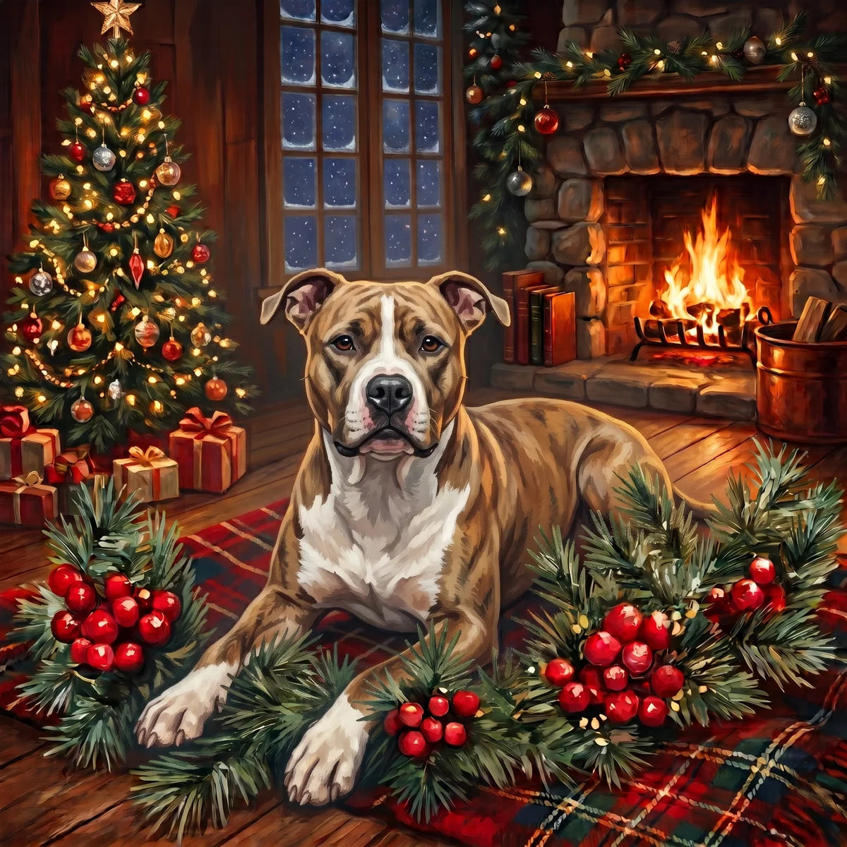 Christmas Holly American Pitbull Terrier Diamond Art Kit