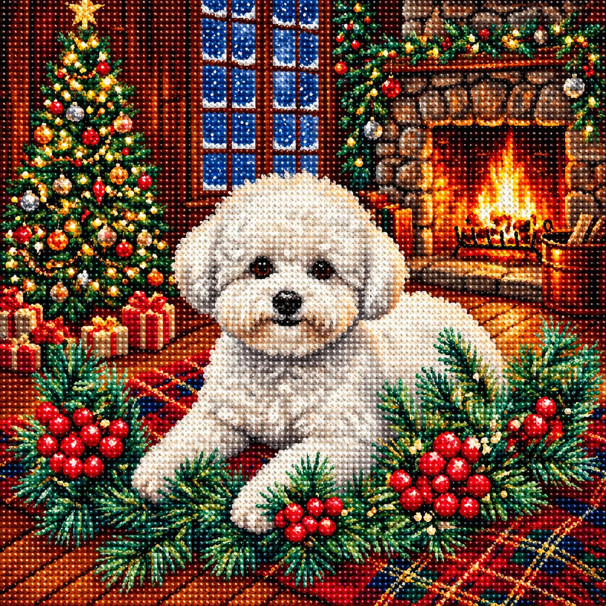 Christmas Holly Bichon Frise Diamond Art Kit