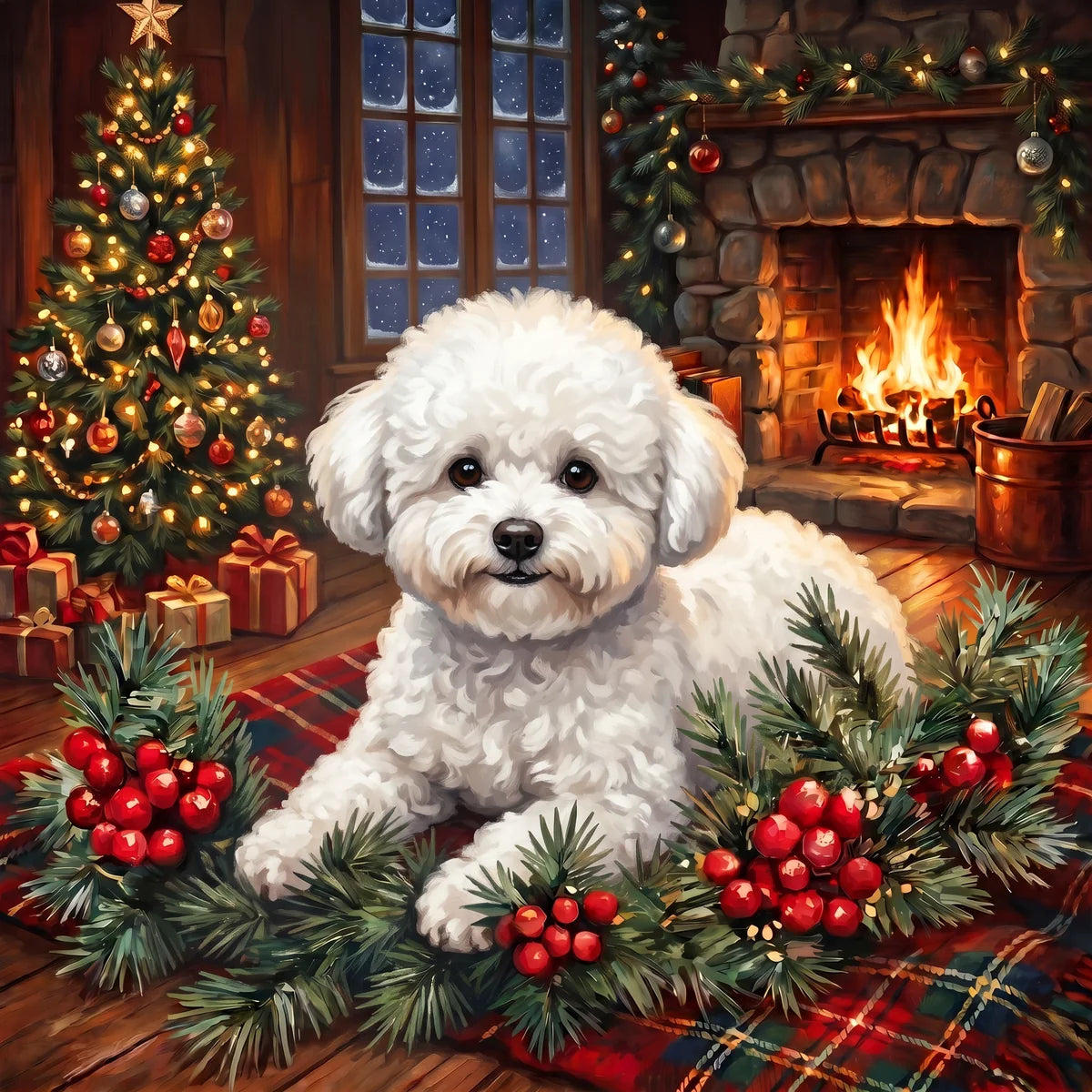Christmas Holly Bichon Frise Diamond Art Kit
