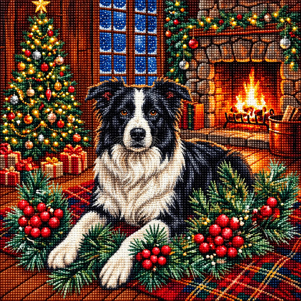 Christmas Holly Black And White Border Collie Diamond Art Kit