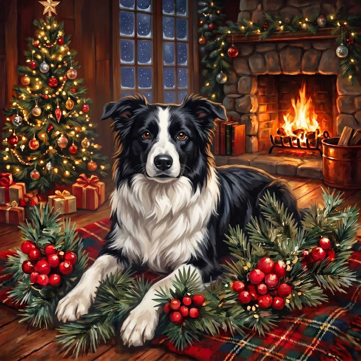 Christmas Holly Black And White Border Collie Diamond Art Kit
