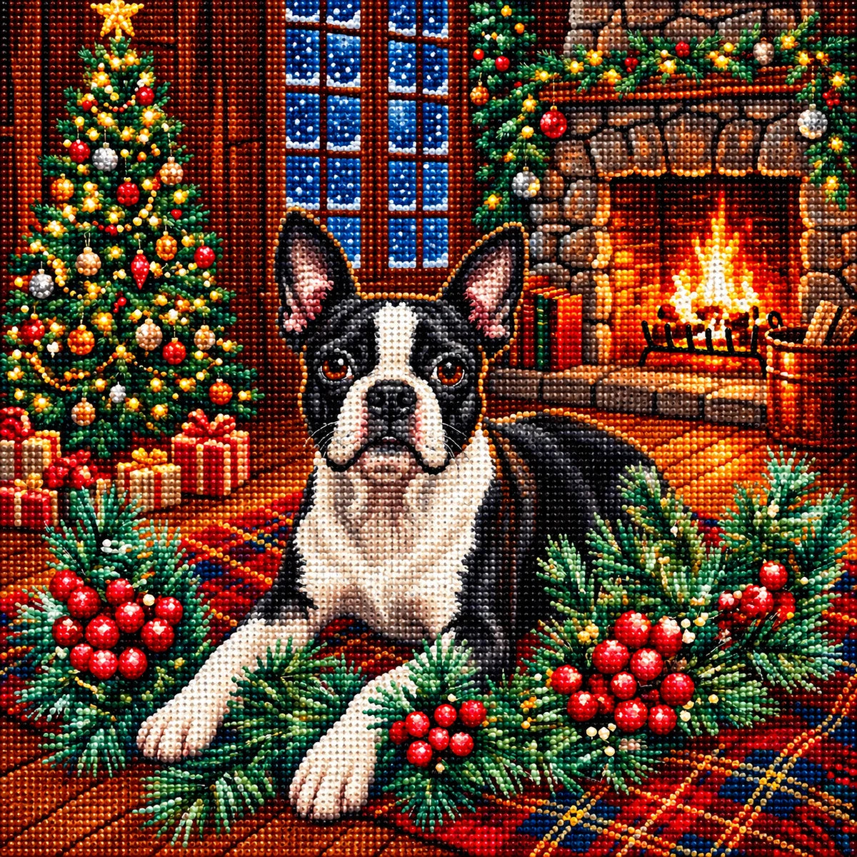 Christmas Holly Black And White Boston Terrier Diamond Art Kit