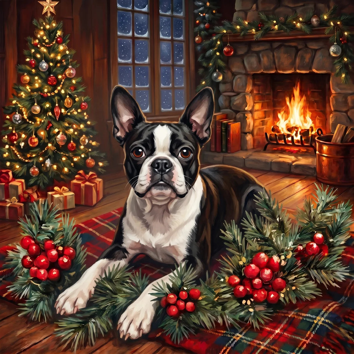 Christmas Holly Black And White Boston Terrier Diamond Art Kit