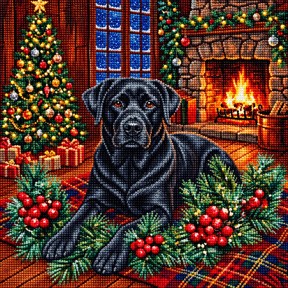 Christmas Holly Black Labrador Retriever Diamond Art Kit