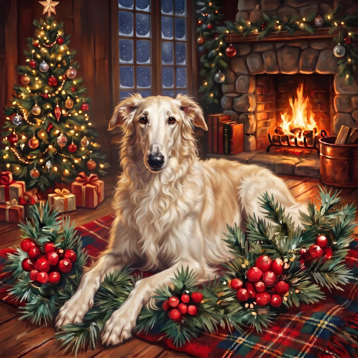 Christmas Holly Borzoi Diamond Art Kit