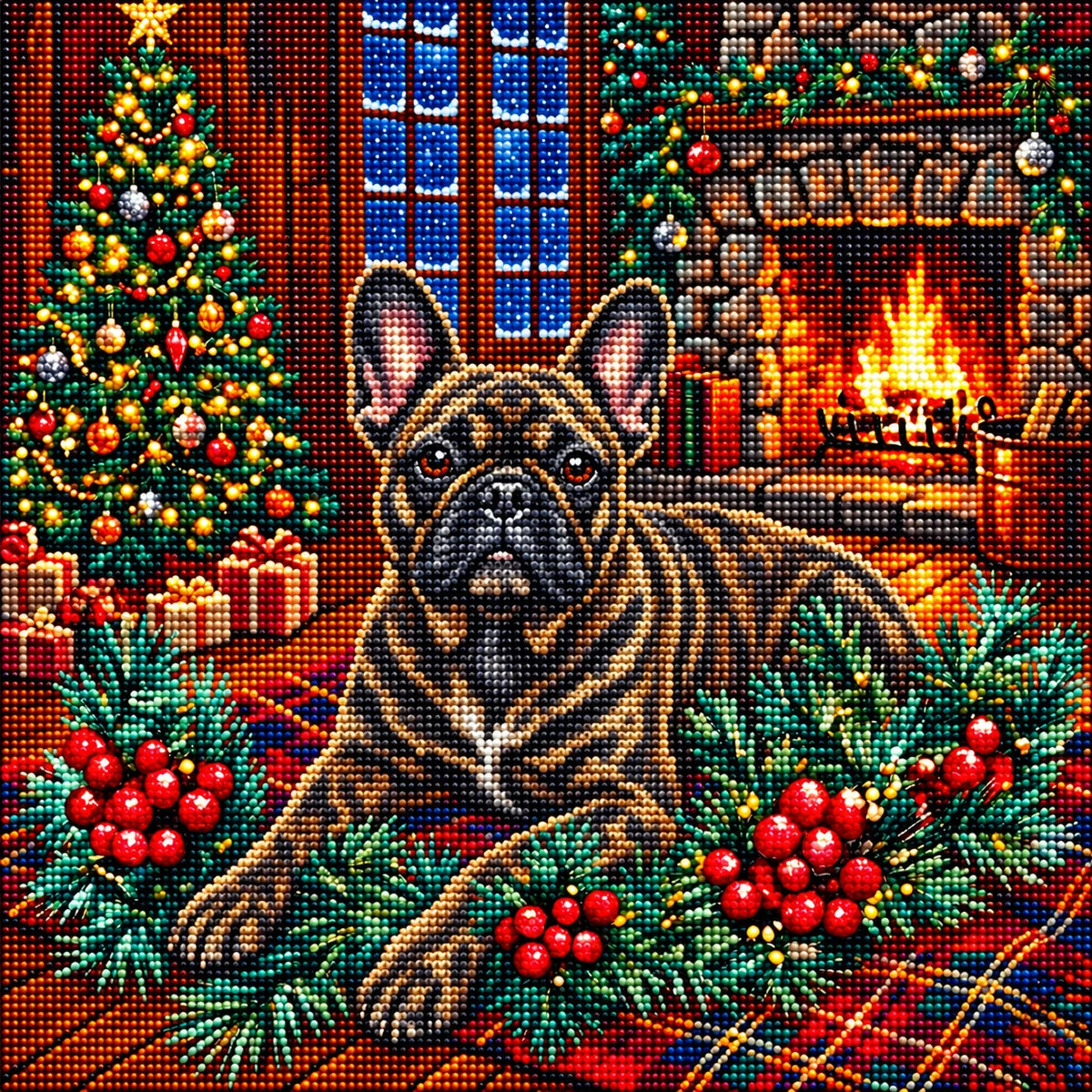 Christmas Holly Brindle French Bulldog Diamond Art Kit