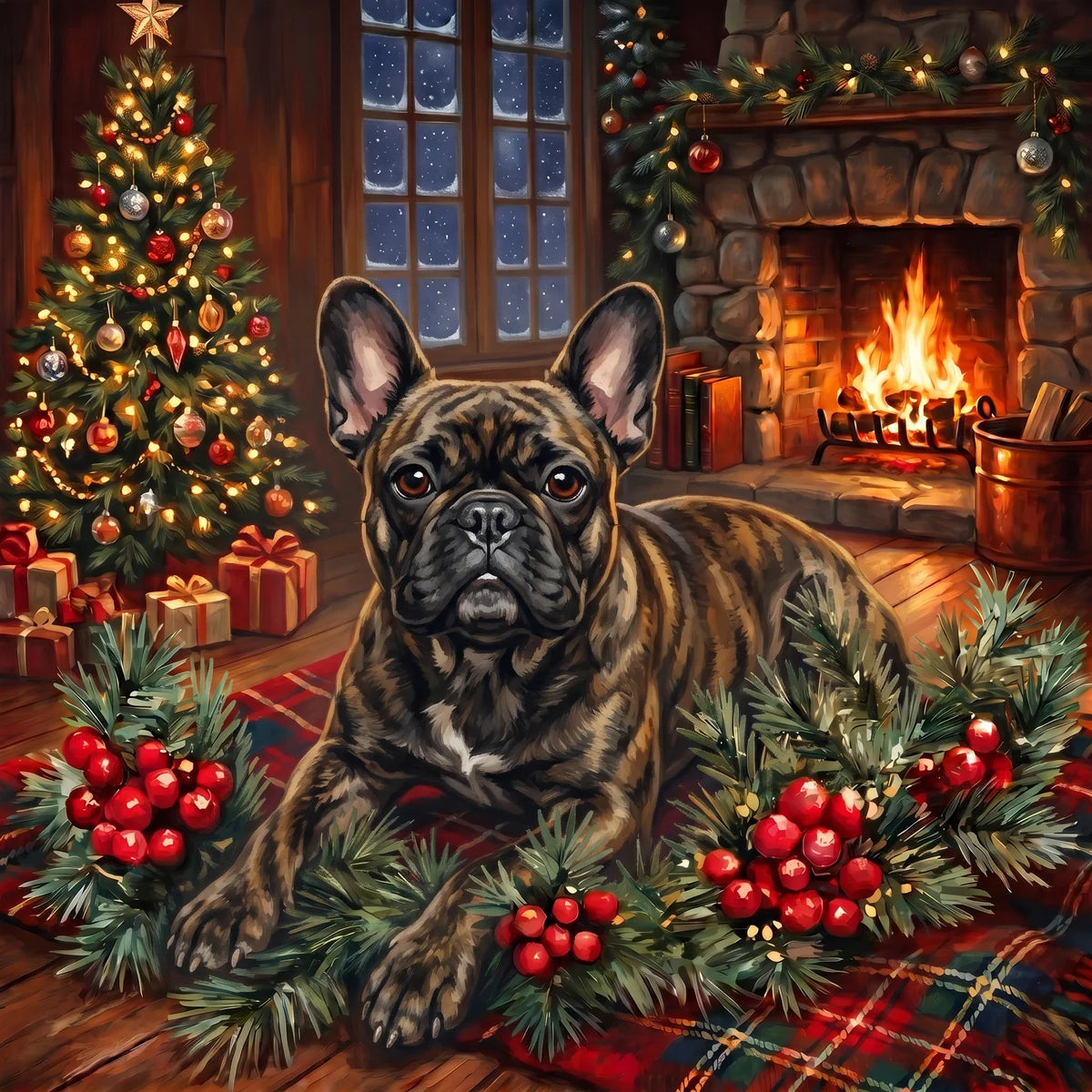 Christmas Holly Brindle French Bulldog Diamond Art Kit