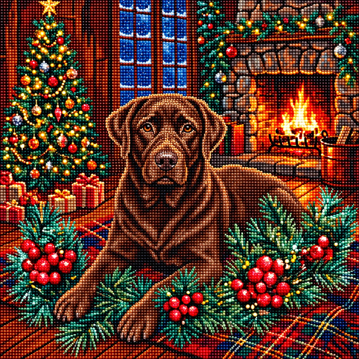 Christmas Holly Chocolate Labrador Retriever Diamond Art Kit