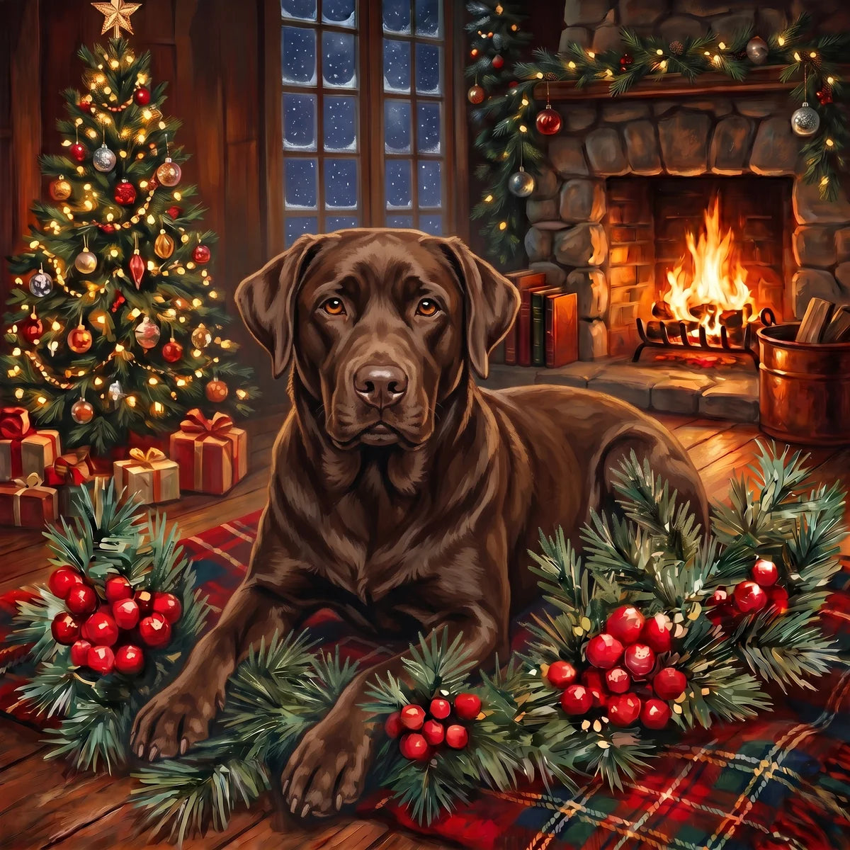 Christmas Holly Chocolate Labrador Retriever Diamond Art Kit