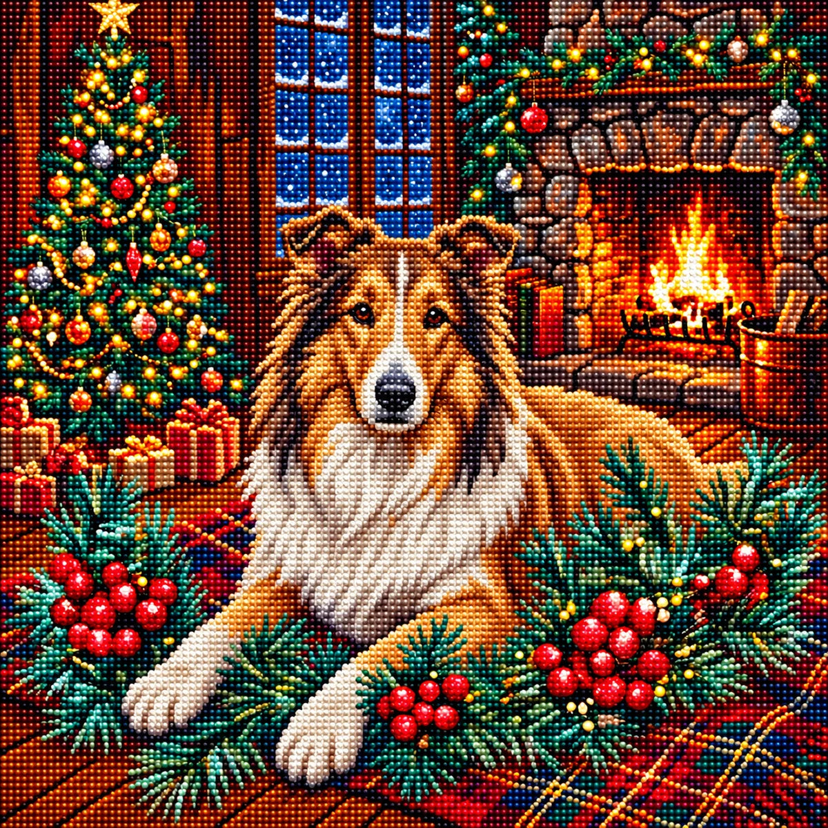 Christmas Holly Collie Diamond Art Kit