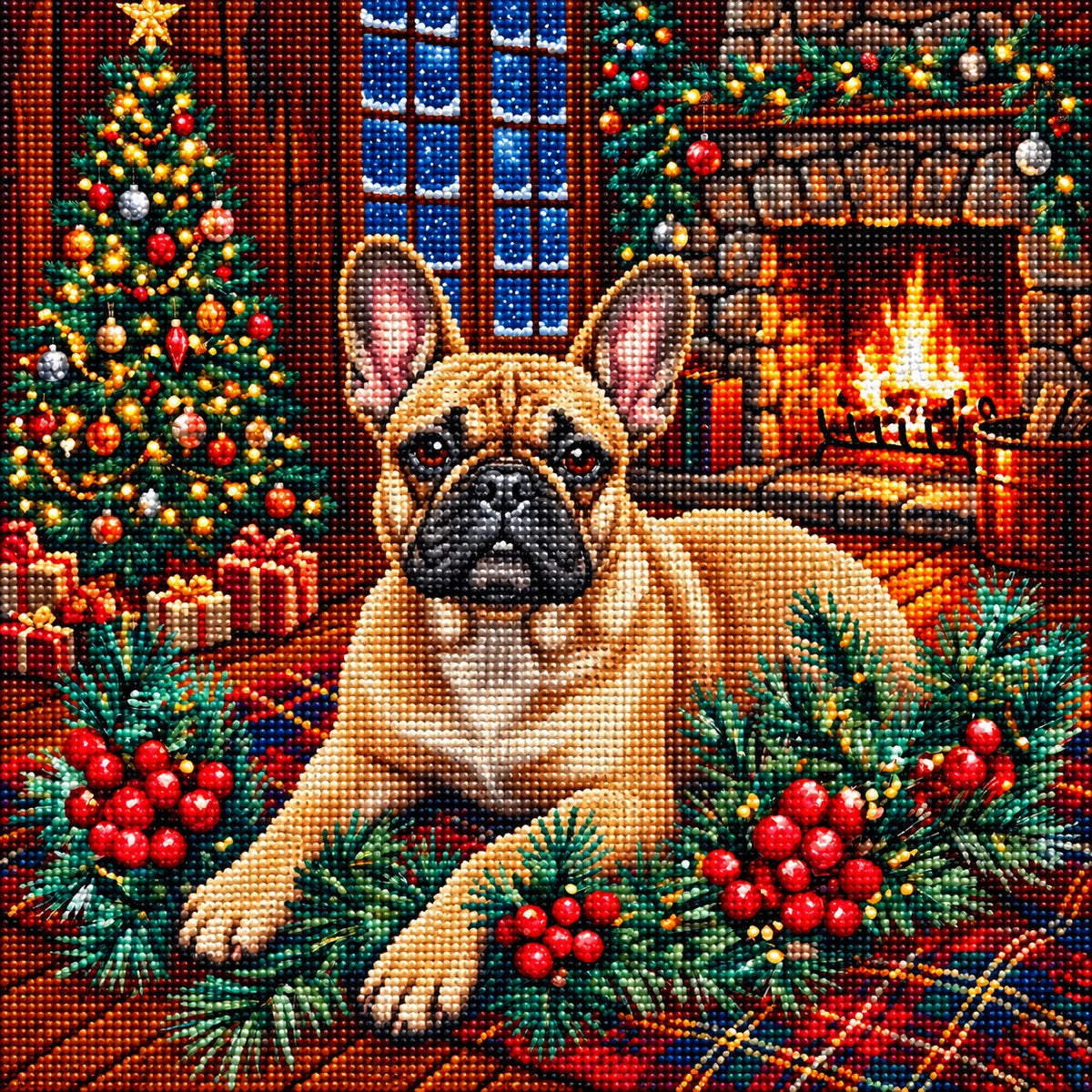 Christmas Holly Fawn French Bulldog Diamond Art Kit