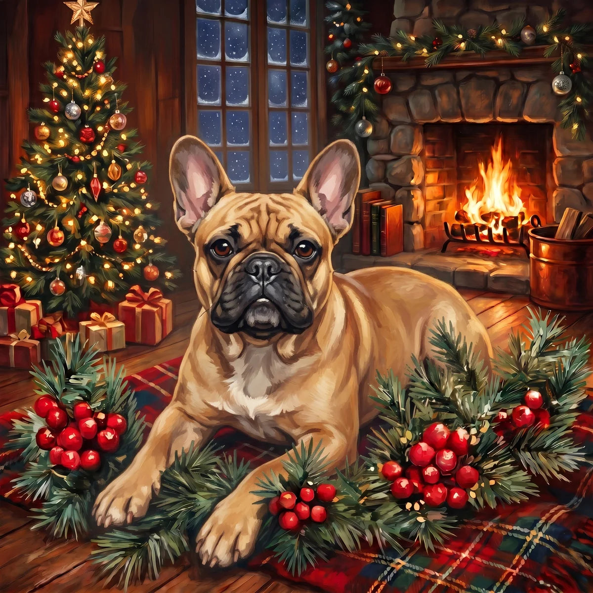 Christmas Holly Fawn French Bulldog Diamond Art Kit