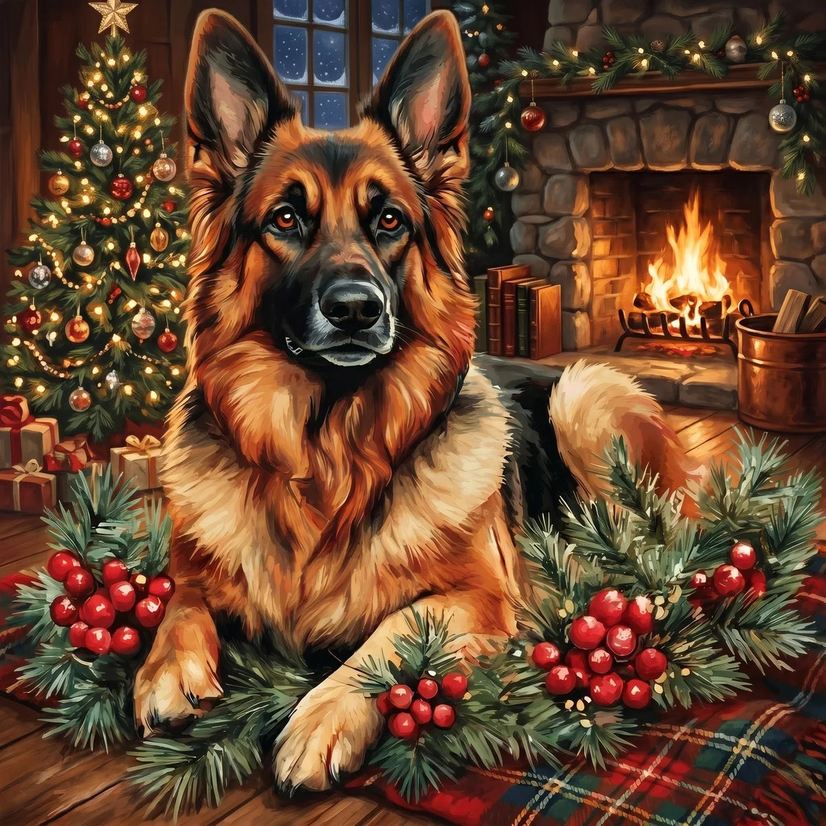 Christmas Holly German Shepherd Diamond Art Kit