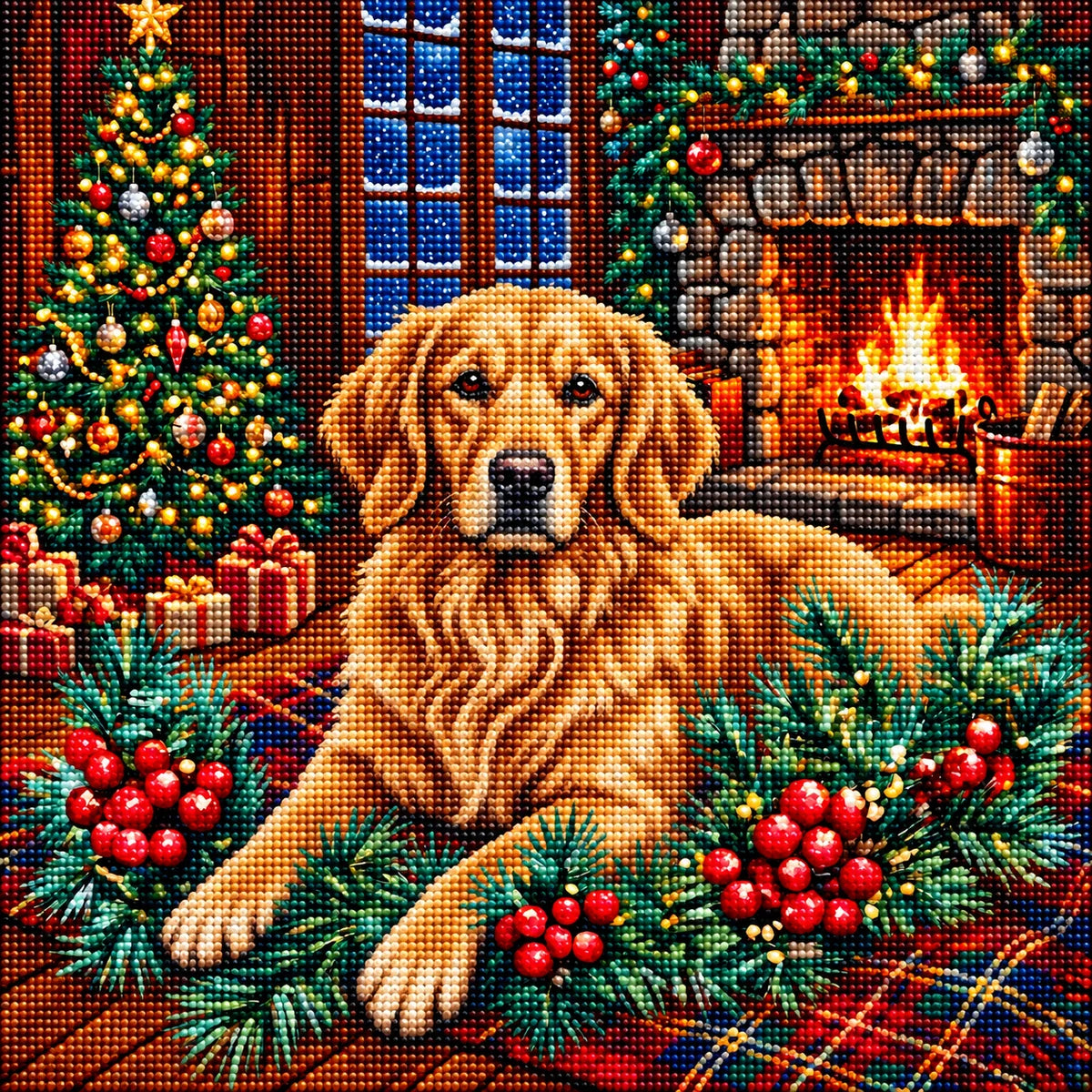Christmas Holly Golden Retriever Diamond Art Kit
