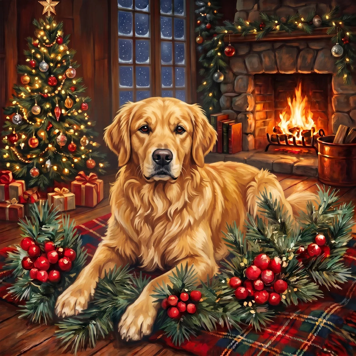 Christmas Holly Golden Retriever Diamond Art Kit
