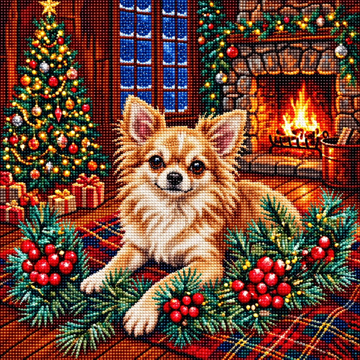 Christmas Holly Long Haired Chihuahua Diamond Art Kit