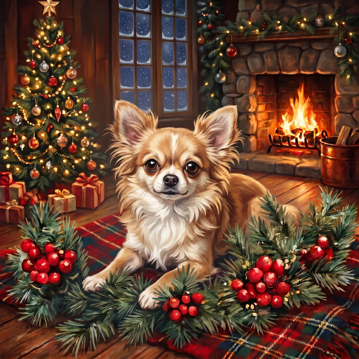 Christmas Holly Long Haired Chihuahua Diamond Art Kit