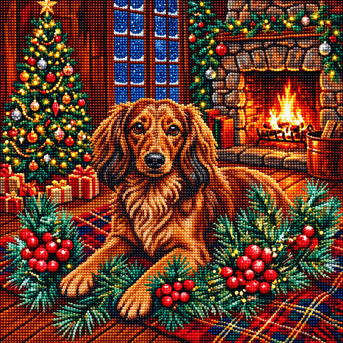 Christmas Holly Long Haired Dachshund Diamond Art Kit