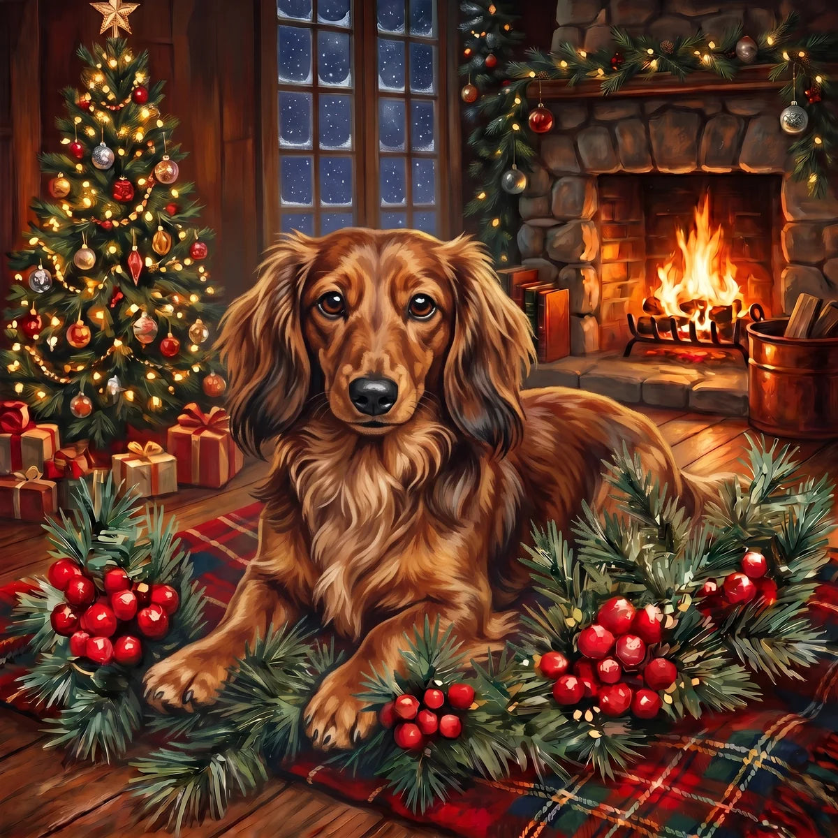Christmas Holly Long Haired Dachshund Diamond Art Kit