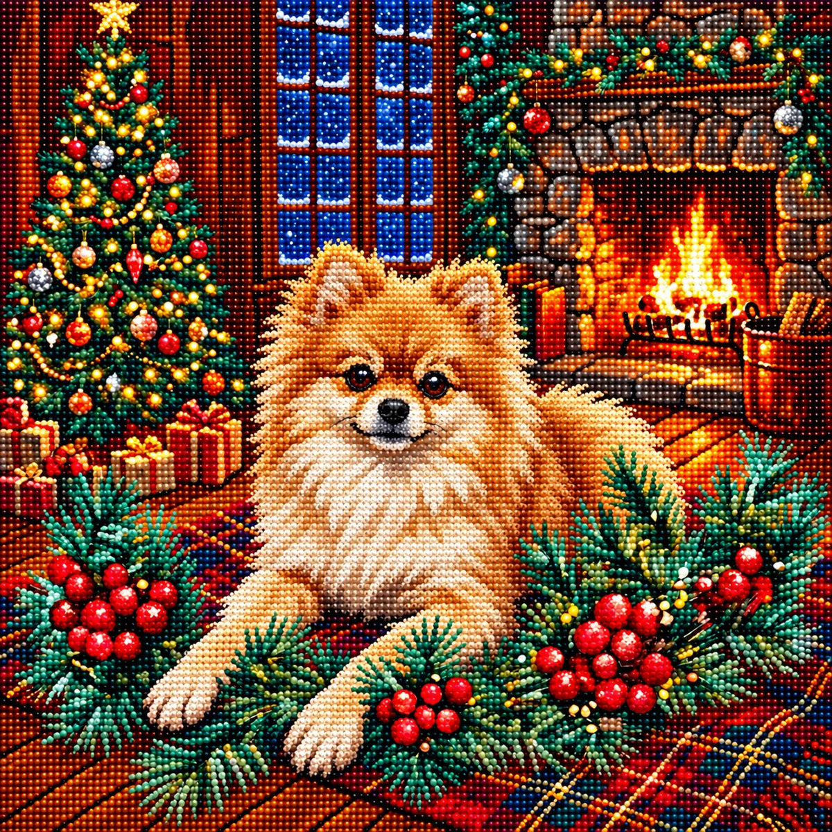 Christmas Holly Pomeranian Diamond Art Kit