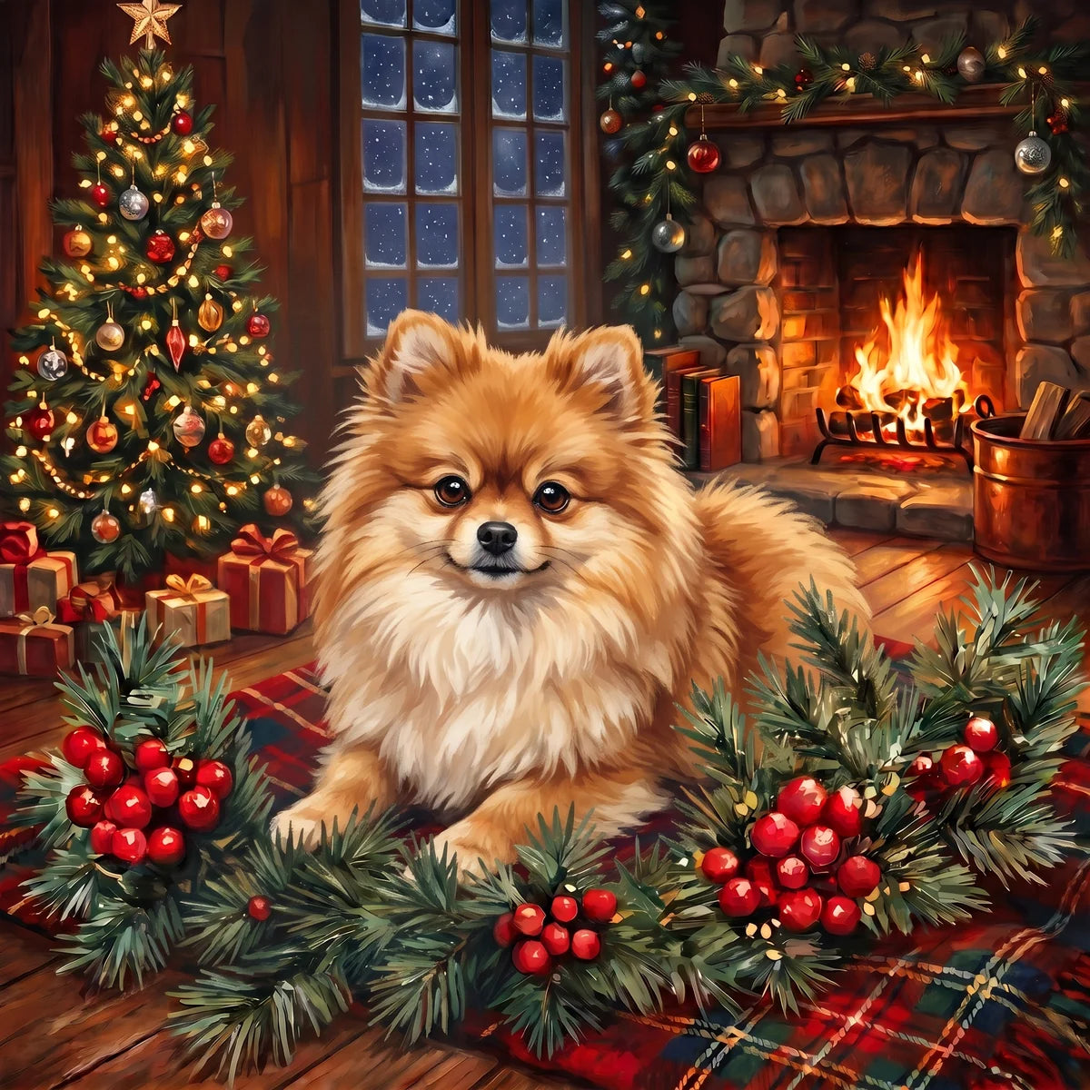 Christmas Holly Pomeranian Diamond Art Kit