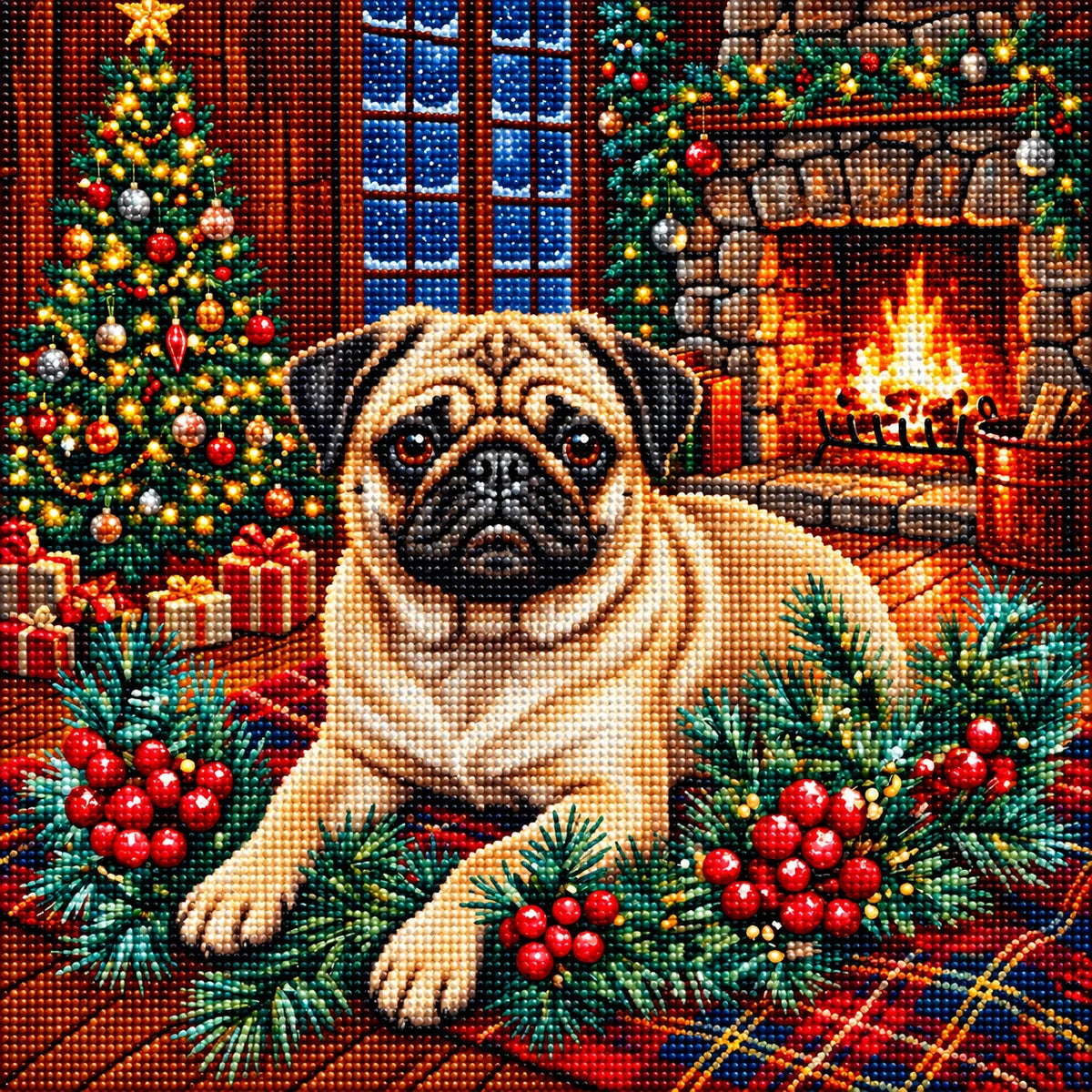 Christmas Holly Pug Diamond Art Kit