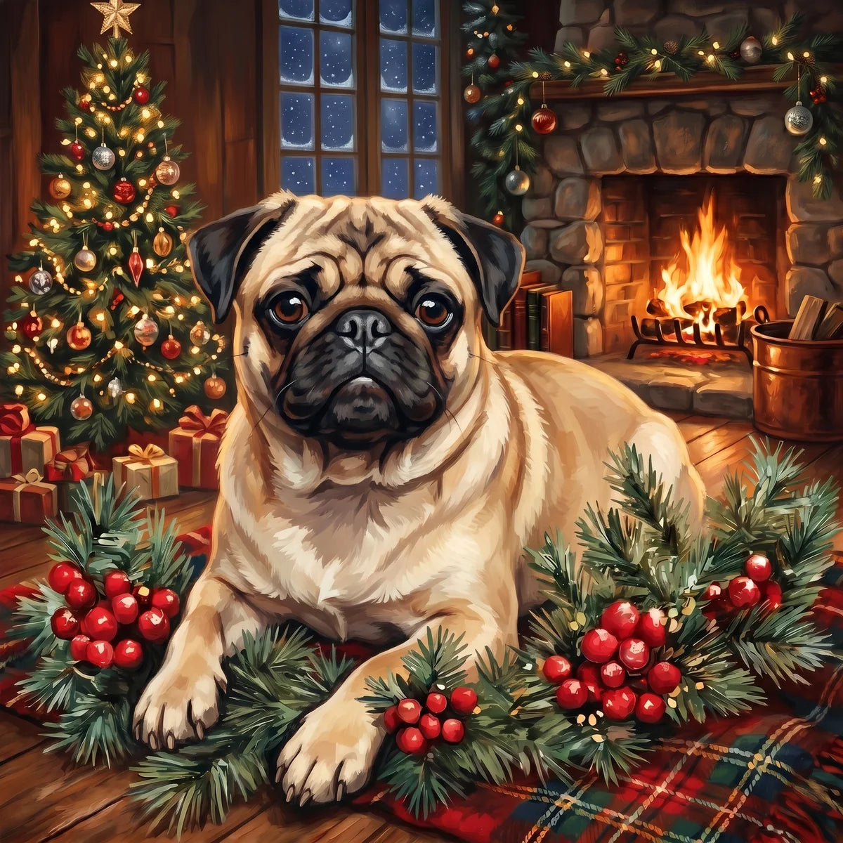 Christmas Holly Pug Diamond Art Kit