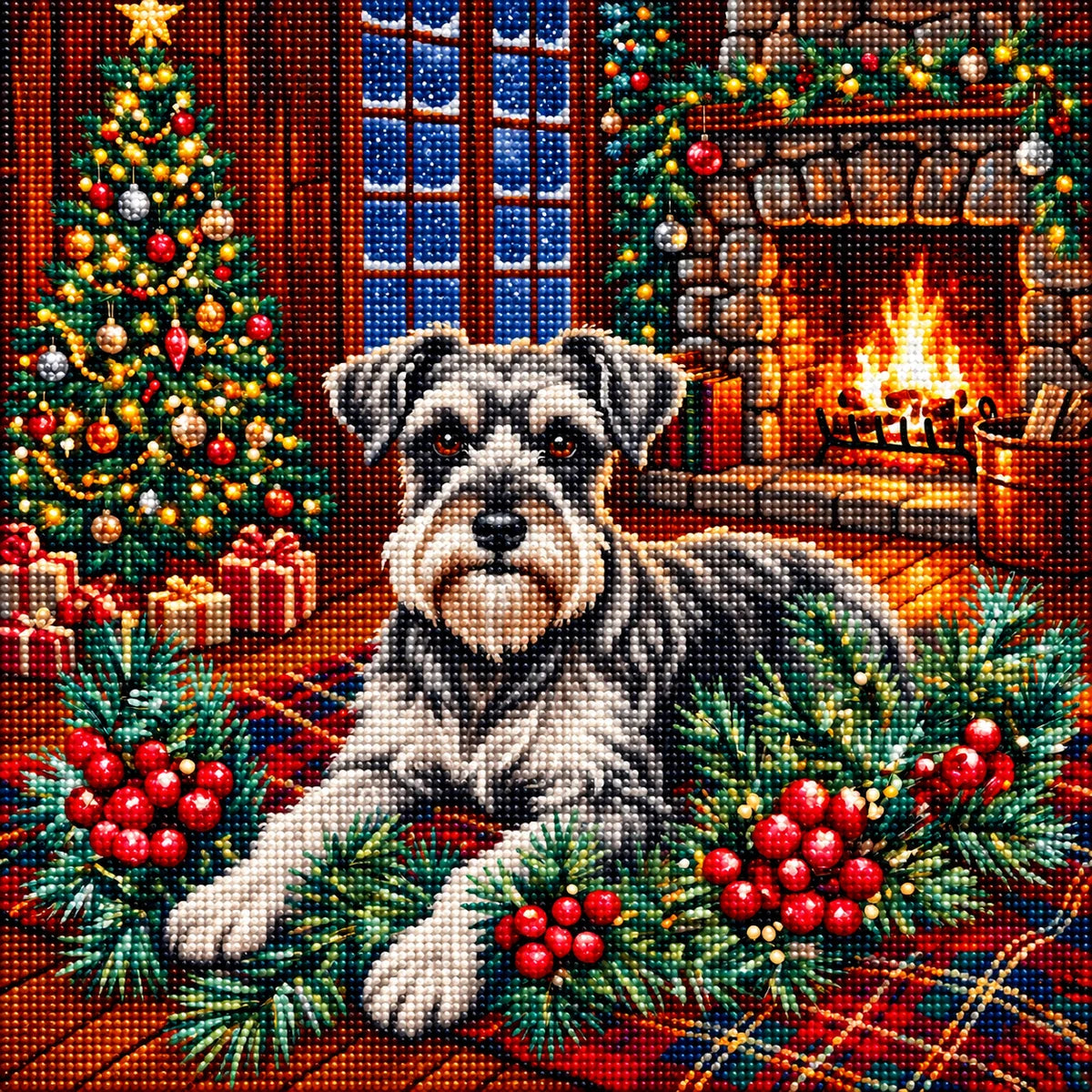 Christmas Holly Schnauzer Terrier Diamond Art Kit