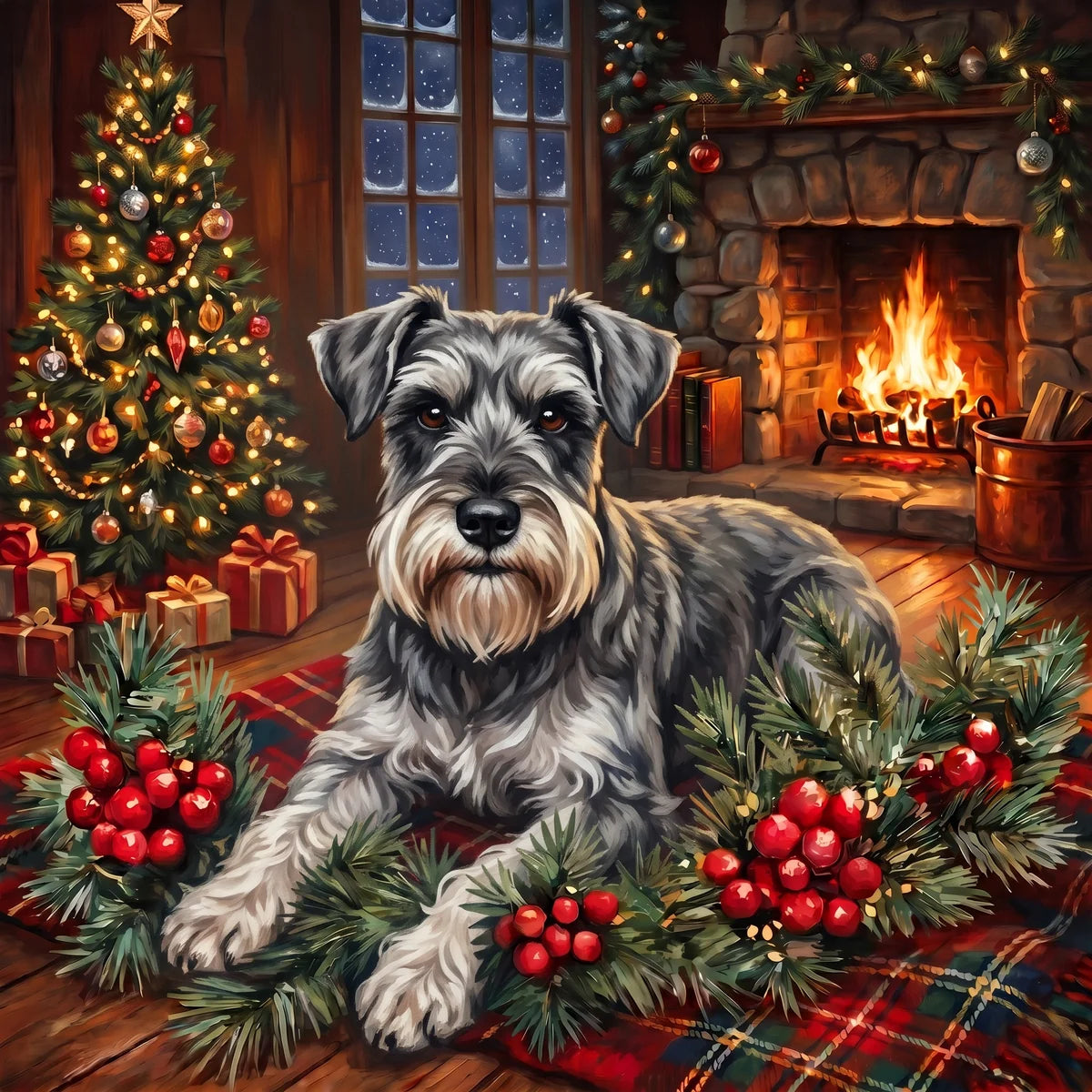 Christmas Holly Schnauzer Terrier Diamond Art Kit