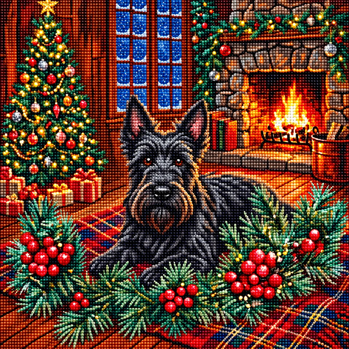 Christmas Holly Scottish Terrier Diamond Art Kit