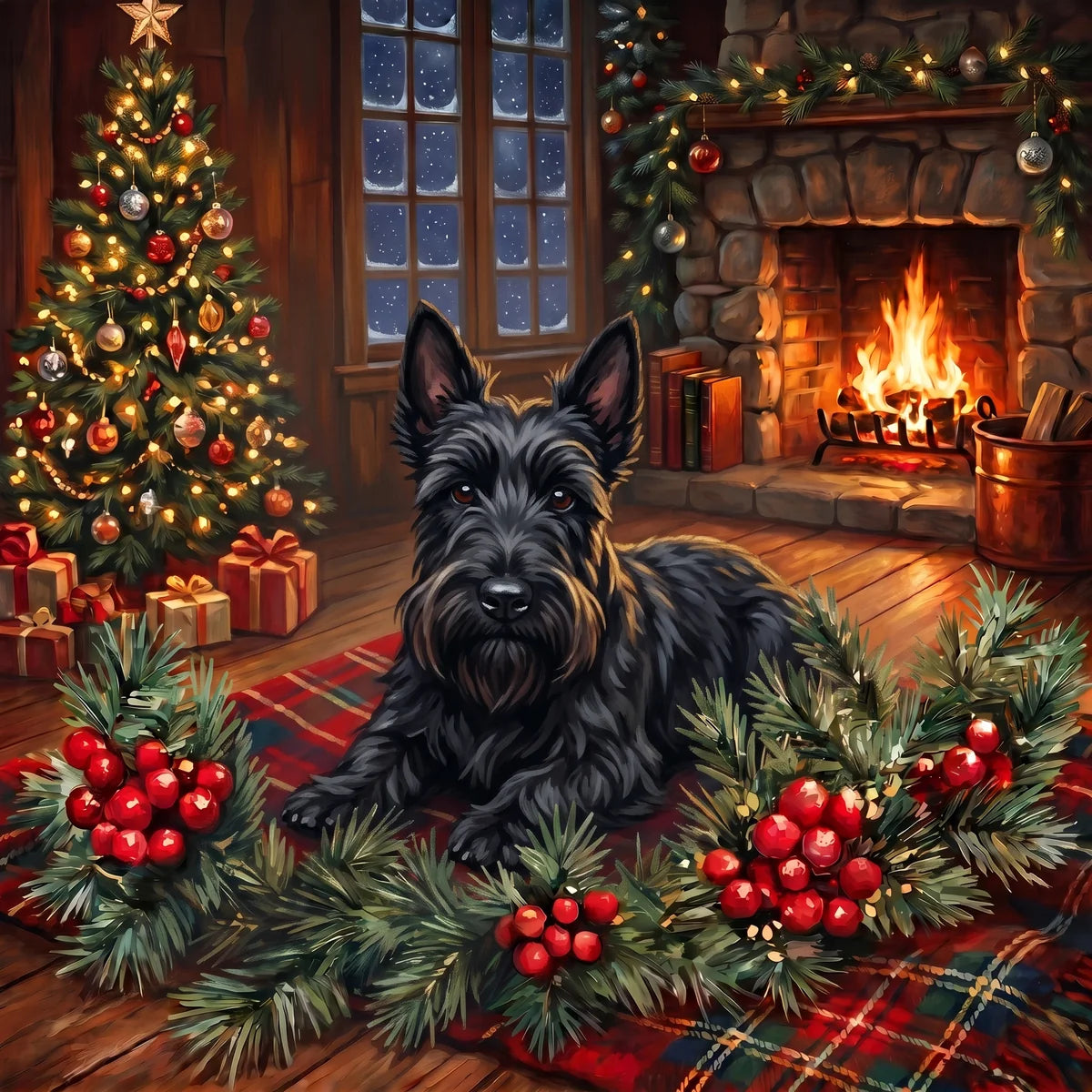 Christmas Holly Scottish Terrier Diamond Art Kit