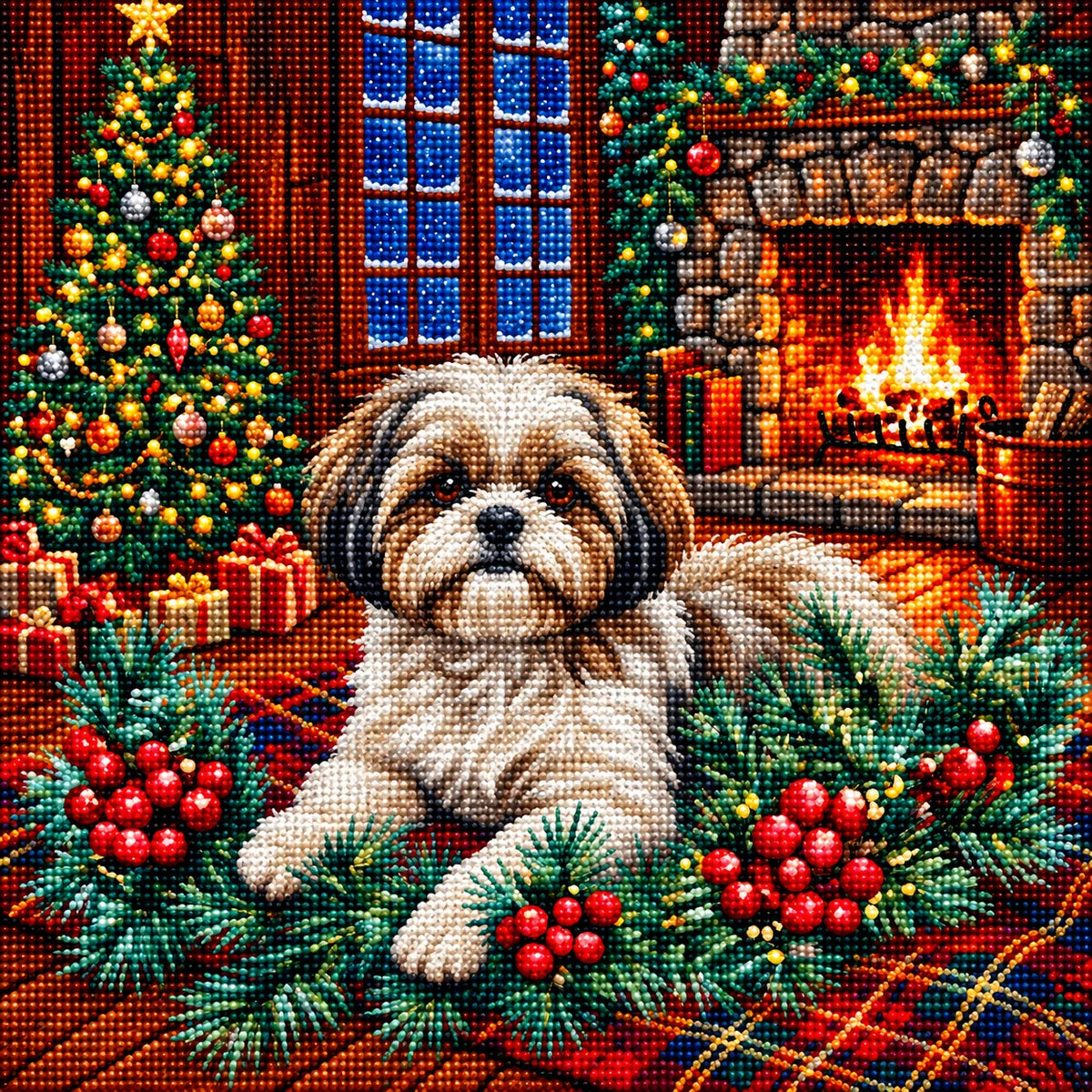 Christmas Holly Shih Tzu Diamond Art Kit