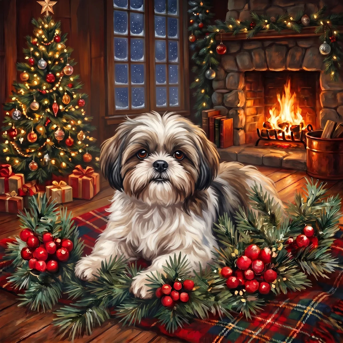 Christmas Holly Shih Tzu Diamond Art Kit