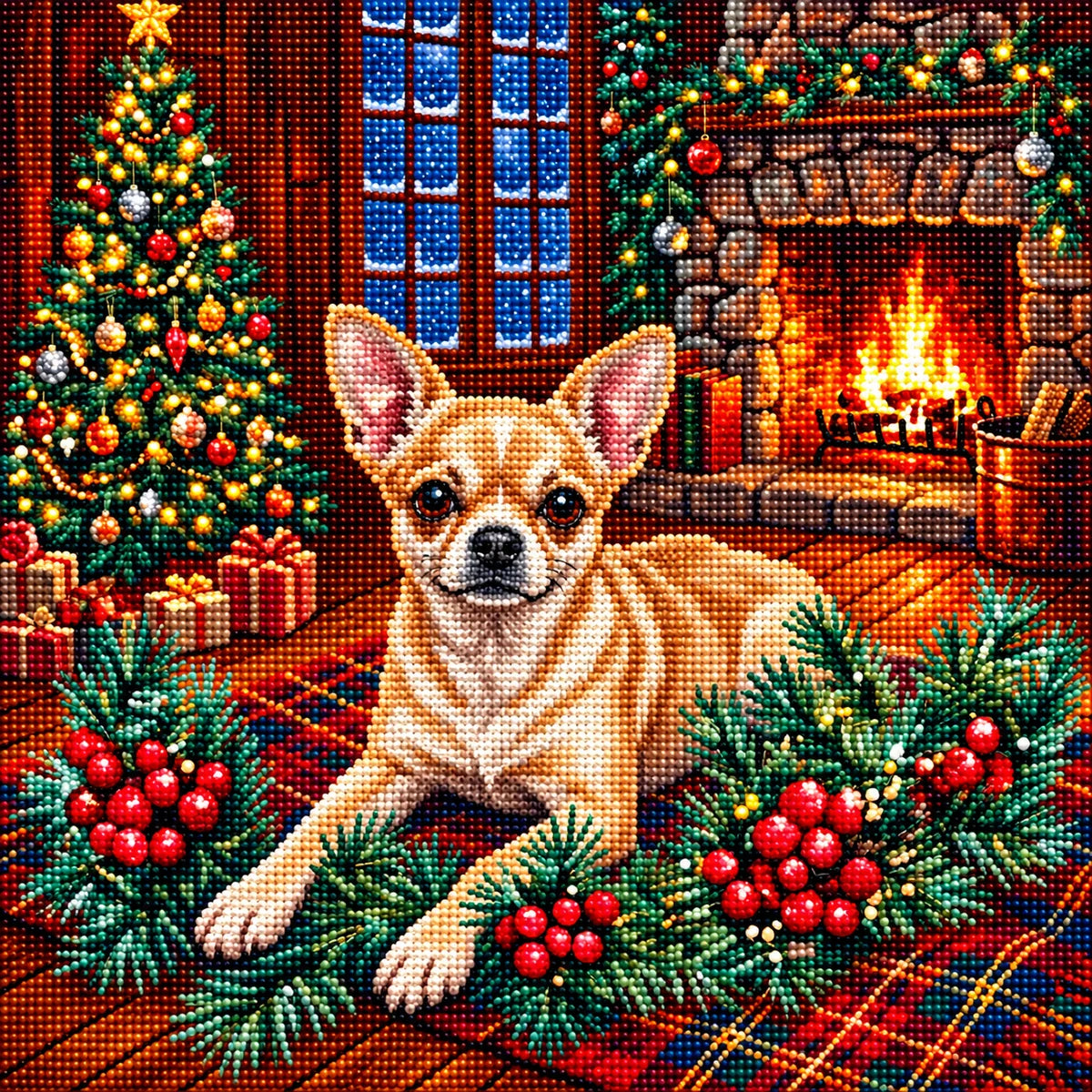 Christmas Holly Short Haired Chihuahua Diamond Art Kit