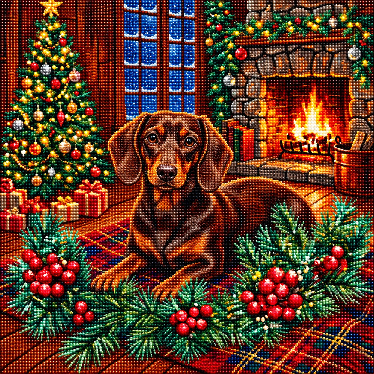 Christmas Holly Short Haired Dachshund Diamond Art Kit