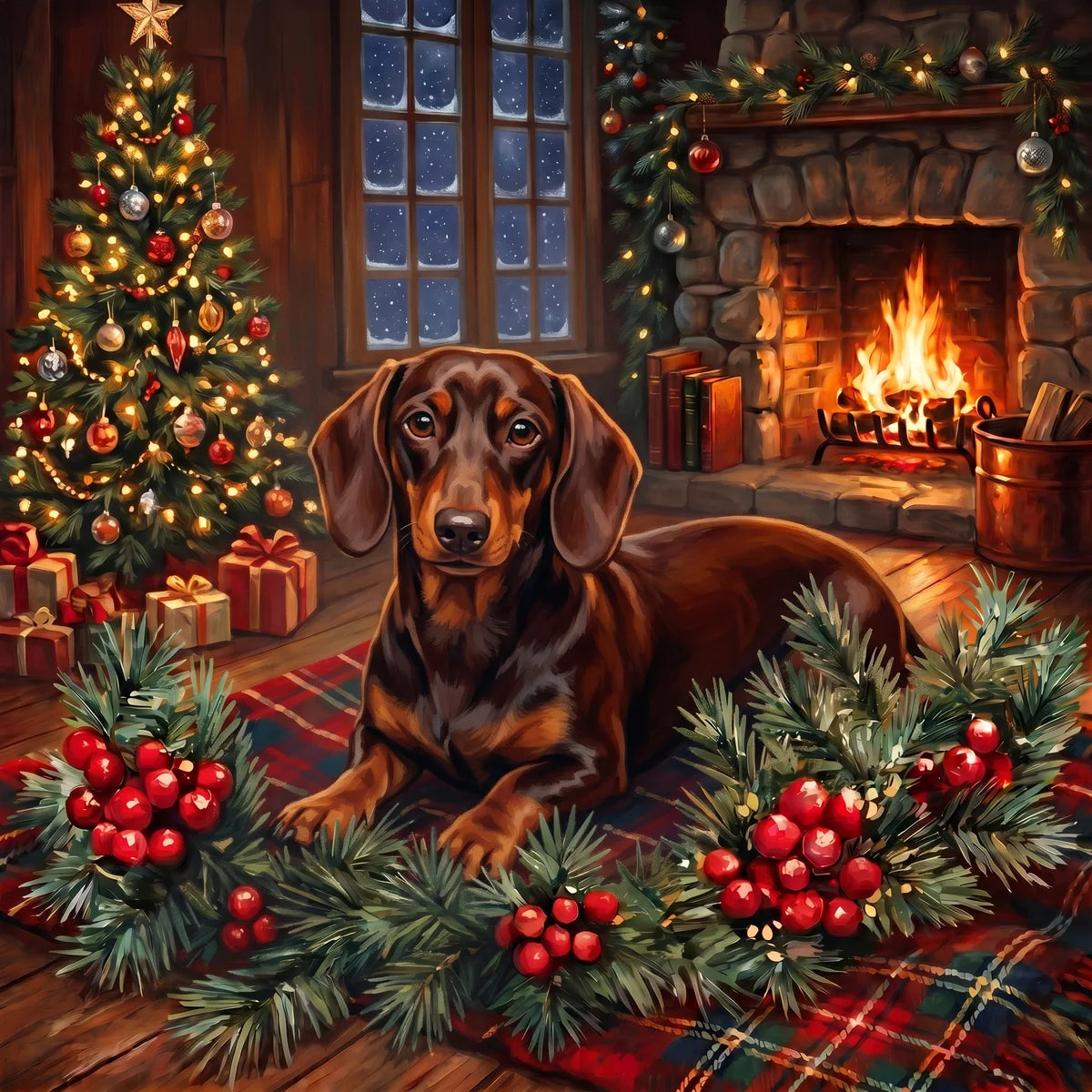 Christmas Holly Short Haired Dachshund Diamond Art Kit
