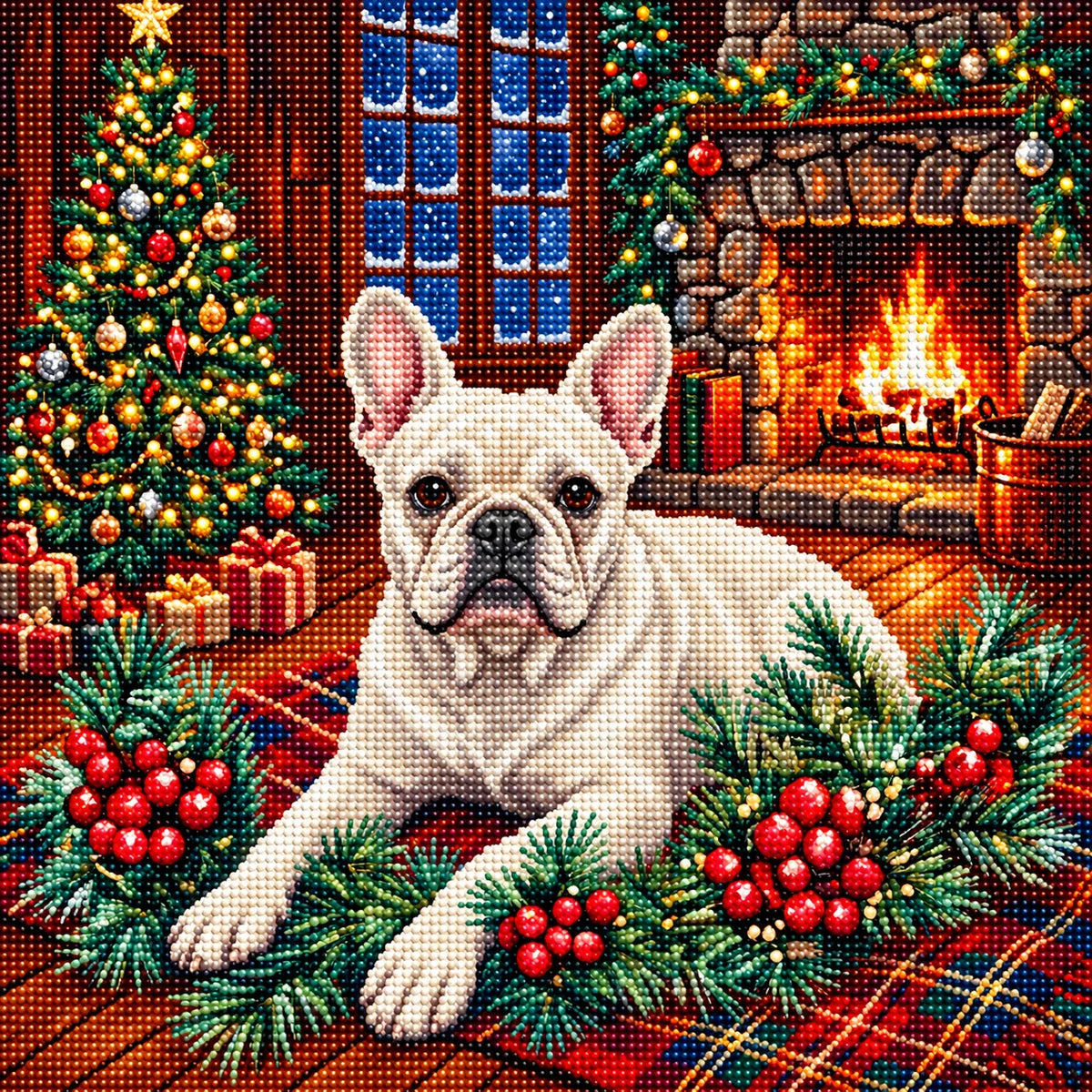 Christmas Holly White French Bulldog Diamond Art Kit
